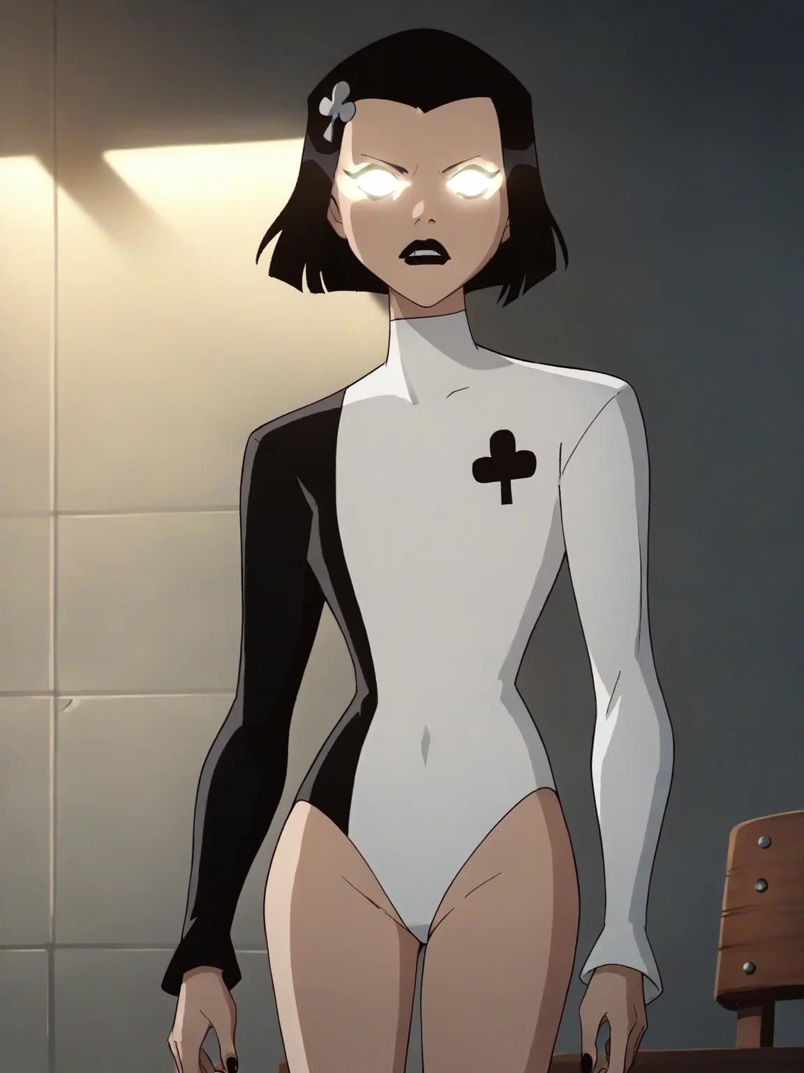 <lora:AcePony1.0:0.85> ace, 1girl, black hair, solo, white leotard, short hair, hairclip, black lipstick,glowing eyes, long sleeves, bob cut,club \\(shape\\) , cowboy shot,score_9, score_8_up, score_7_up, score_6_up, score_5_up, score_4_up