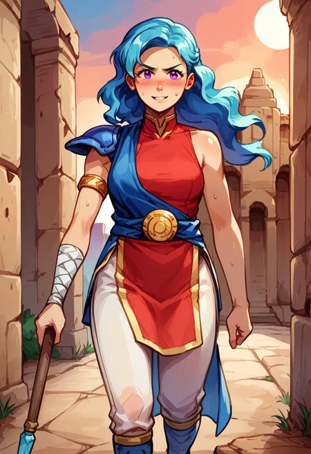 Score_9, score_8_up, score_7_up, score_6_up,score_5_up, anime color, watercolor, ink lines, anime style, source_cartoon, valere, aqua hair, (wavy hair), long hair, curvy hips, purple eyes, single shoulder pad, blue cape, blue sash, red shirt, armlet, sleeveless, bandaged arm, white pants, blue boots, (((close up))), face focus, dynamic angle, sweating, blush, wet clothes, huge weapon, (((holding weapon))), double-bladed spear, 1girl, solo, action pose, leaping, smiling, slightly nervous, (best quality,masterpiece), ultra high res,ultra-detailed, :: outdoors, outdoors, ruins, painted background, sunset,