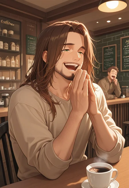 1boy, mbti_infp, mature man, long brown hair, green eyes, at coffee shop, talking to friend, laughing, warm light, relaxed, friendly, charming, aesthetic, detailed background, highres, masterpiece, best quality