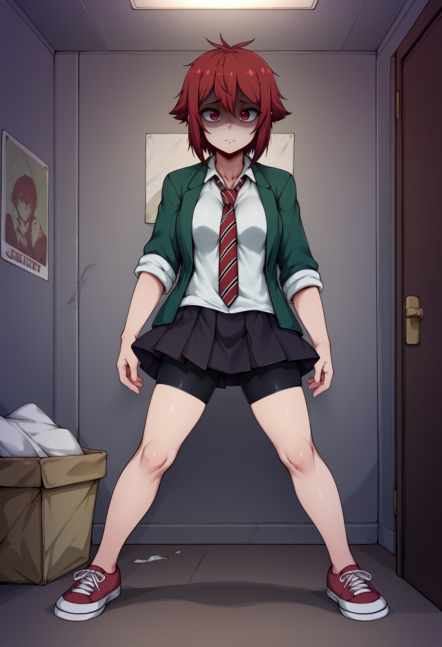 score_9, score_8_up,score_7_up, source_anime,art by spe BREAK
1girl, solo, <lora:aizwtm_pdxl_EliPot:1>, outfitgrnsc, red hair, short hair, red eyes, tomboy,
collared shirt, striped necktie, pleated skirt, school uniform, green jacket, white shirt, red footwear, black shorts, sneakers, open clothes, bike shorts under skirt, red necktie, open jacket, sleeves rolled up, black skirt,
messy room, posters, game console, old apartment, dark room, junk, trash, in distress, shaded face, closed mouth,  sad, raised eyebrows,
