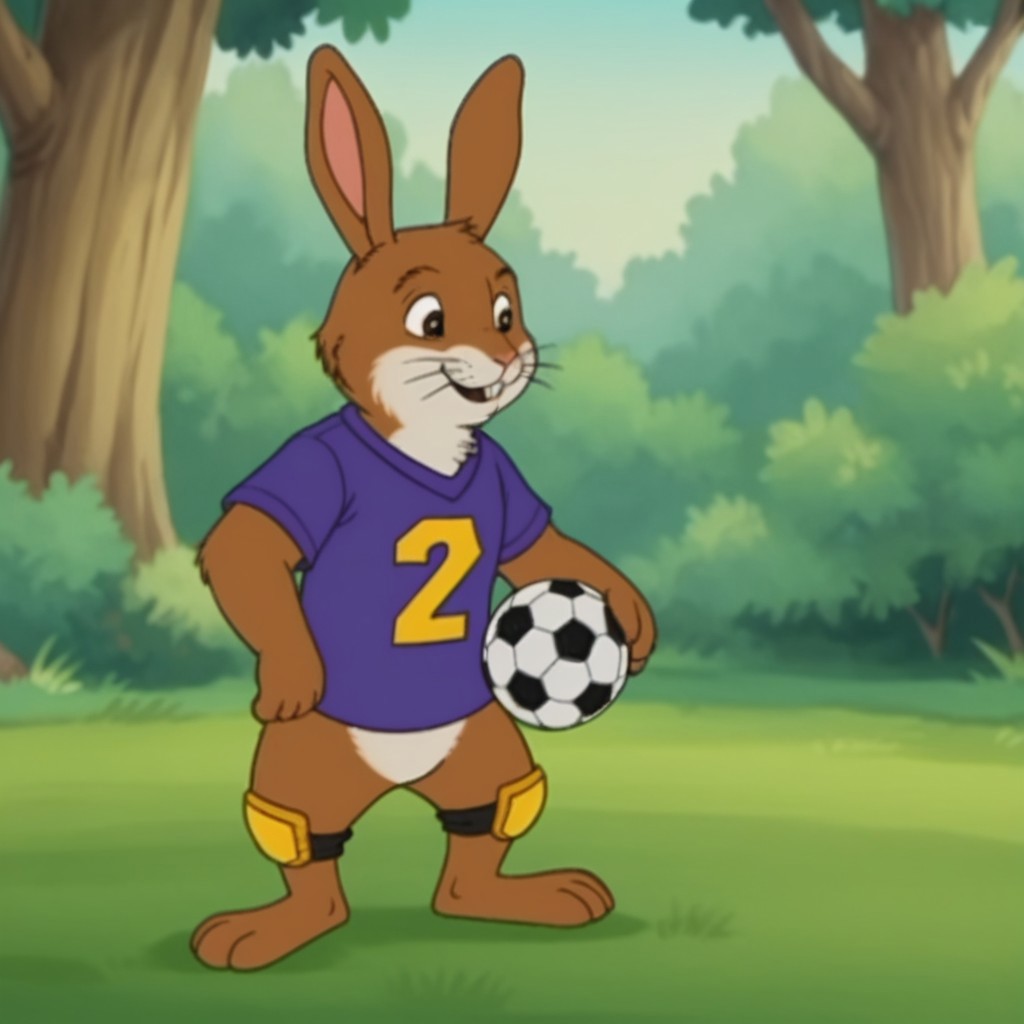 score_9, score_8_up, score_7_up, score_6_up, score_5_up, score_4_up, source_furry, rabbitfrnkln, semi-anthro, male, rabbit, brown fur, buck teeth, whiskers, outside, standing, in a forest,  purple shirt, yellow stripe, yellow knee pads, soccer ball