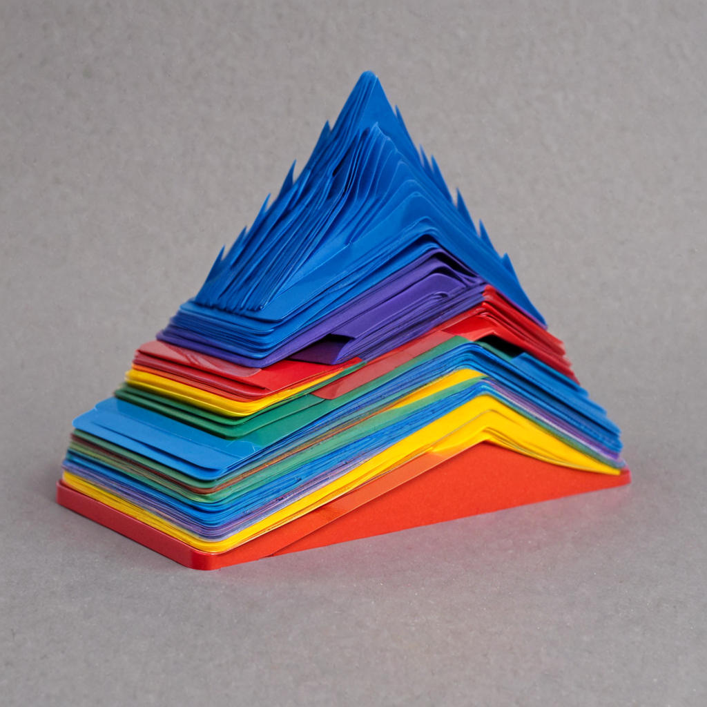 plastkort, a mountain made from single colored rectangular plastic cards, <lora:Plastkort-000006:1>