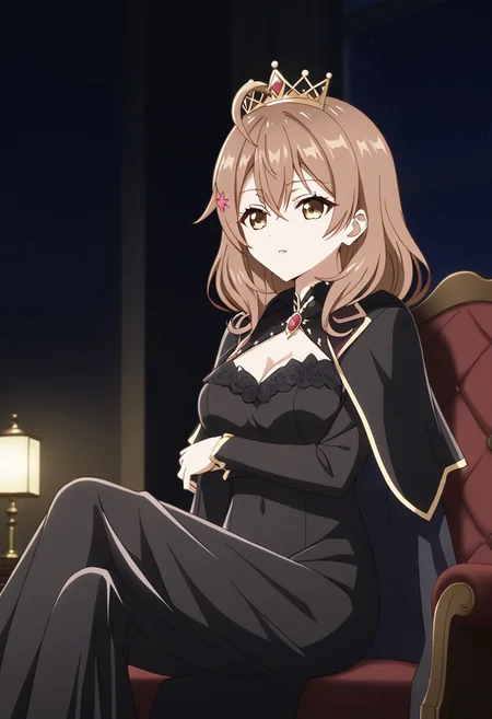 (masterpiece:1.2, best quality, highres, Anime art style) ,(Beat expression), multiple girls,maria mikhailovna kujou,maria mikhailovna kujou, medium hair, brown hair, ahoge, hair between eyes, hair ornament, brown eyes,(queen, royal gown, cape, regal, majestic, elegant, velvet, embroidered, ornate, elaborate, embellishments, crown, armchair, ojou-sama_pose, hand up, night, night sky, dark theme, dim lighting, dark background, dark room, backlighting,(arm under breasts:0.7))