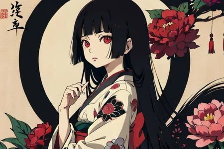 enma ai, hair down, hair black, bangs, eyes red, masterpiece, best quality, ultra-detailed, illustration, 1girl, solo, highres, photorealistic, ultra high res, (Original illustration composition), (fusion of limited color, Maximalism artstyle, kimono obi fashion, double exposure, background, illustration, Amazing, lily spider, night darkness, open one's mouth, flowers red, (polychromatic peony:1.15), Movie poster, ink Chinese