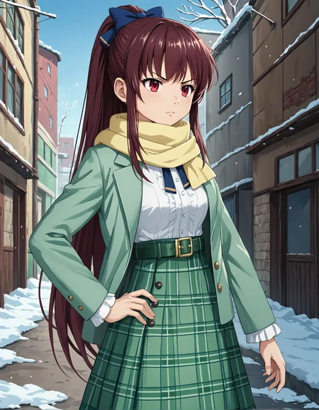score_9, score_8_up, source_anime, 1girl, upper body, medium shot, detailed, mgrcamanetsukuyo, tsywtr, dark red eyes, high ponytail, dark red hair, blue hair bow, yellow scarf, white top, blue tie, green open coat, green belt, long green plaid skirt, outdoors, alley, winter, snow, dynamic pose, hand on hip, serious, <lora:mgrcamanetsukuyo_XL:1>