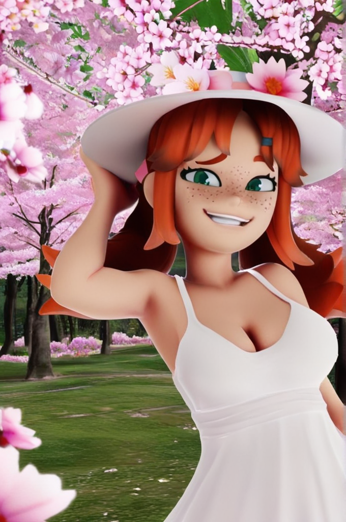 <lora:wai_nsfw_14_amarillo_arts_v1_e60:1>,amarillo arts,1girl,sundress,flower hat,sakura,spring,freckles,green eyes,ginger hair,medium breasts,cleavage,smug,portrait,nature,pose,scenery,perspective,