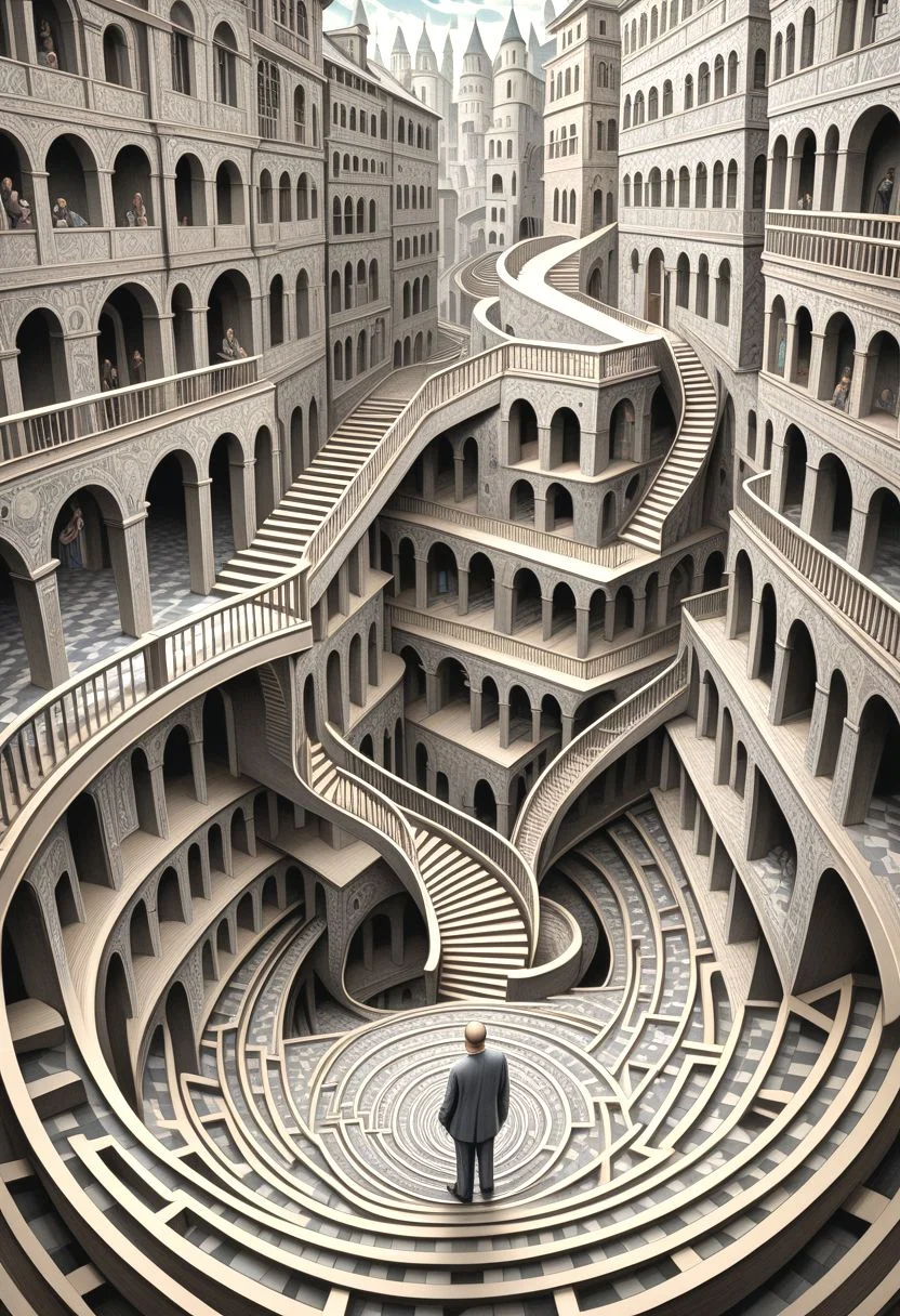 dvr-hgh-fnt, by M.C. Escher, high detail, high quality, masterpiece, reflections, high detailed textures, absurd resolution, optical illusions, winding stairs through surreal city
a man has impossible maze to get to the woman at the end, staircase, trapdoor, upside down