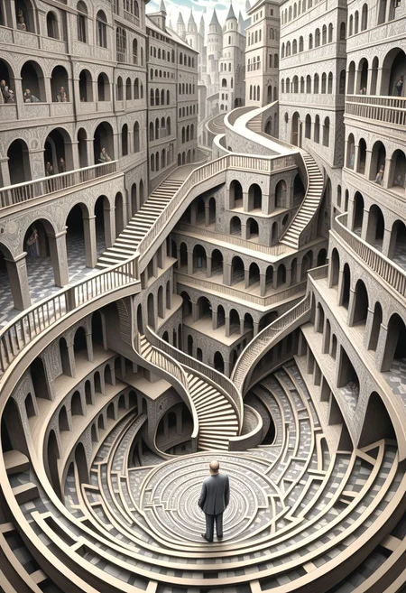 dvr-hgh-fnt, by M.C. Escher, high detail, high quality, masterpiece, reflections, high detailed textures, absurd resolution, optical illusions, winding stairs through surreal city
a man has impossible maze to get to the woman at the end, staircase, trapdoor, upside down