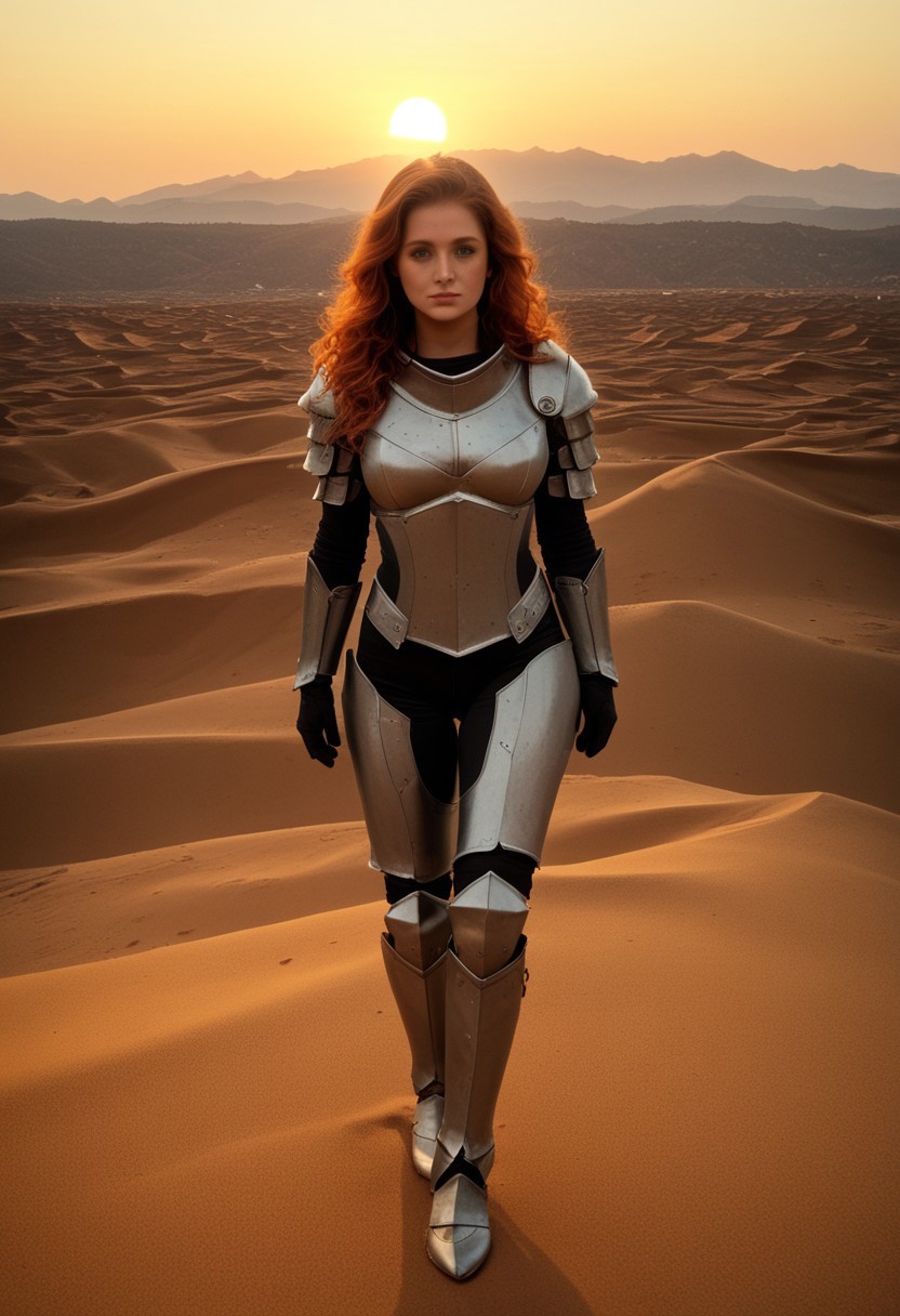 1girl, female, beautiful, natural, perfect, in her 20s, (MJOLNIR armor))), (((Linda-058))), fragile face, ginger hair, curly hair, long hair, loose hair, green eyes, freckles, feminine, fit, big chest, BREAK telephoto, full body, standing gracefully, looking at viewer, sunset, big sun, warm light, contour light, (sand dunes), mountains on the horizon, clear sky, realistic, photorealistic, detailed, score_9, score_8_up, score_7_up