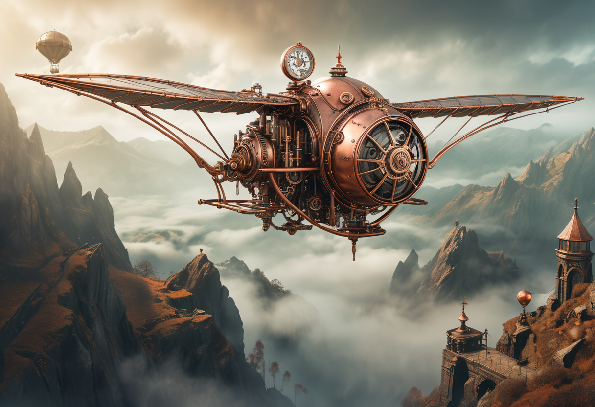 award winning, (professional photo) of (gear-driven medium-sized copper steampunk ornithopter) with iron body,  adorned with clockwork details, the aircraft is flying over  a mystical mountain, with floating rocks, ethereal light, an otherworldly landscape, in the fog, , creative, beautiful, vibrant, masterpiece, 64k, UHD, HDR, full view, atmospheric lighting, extremely detailed