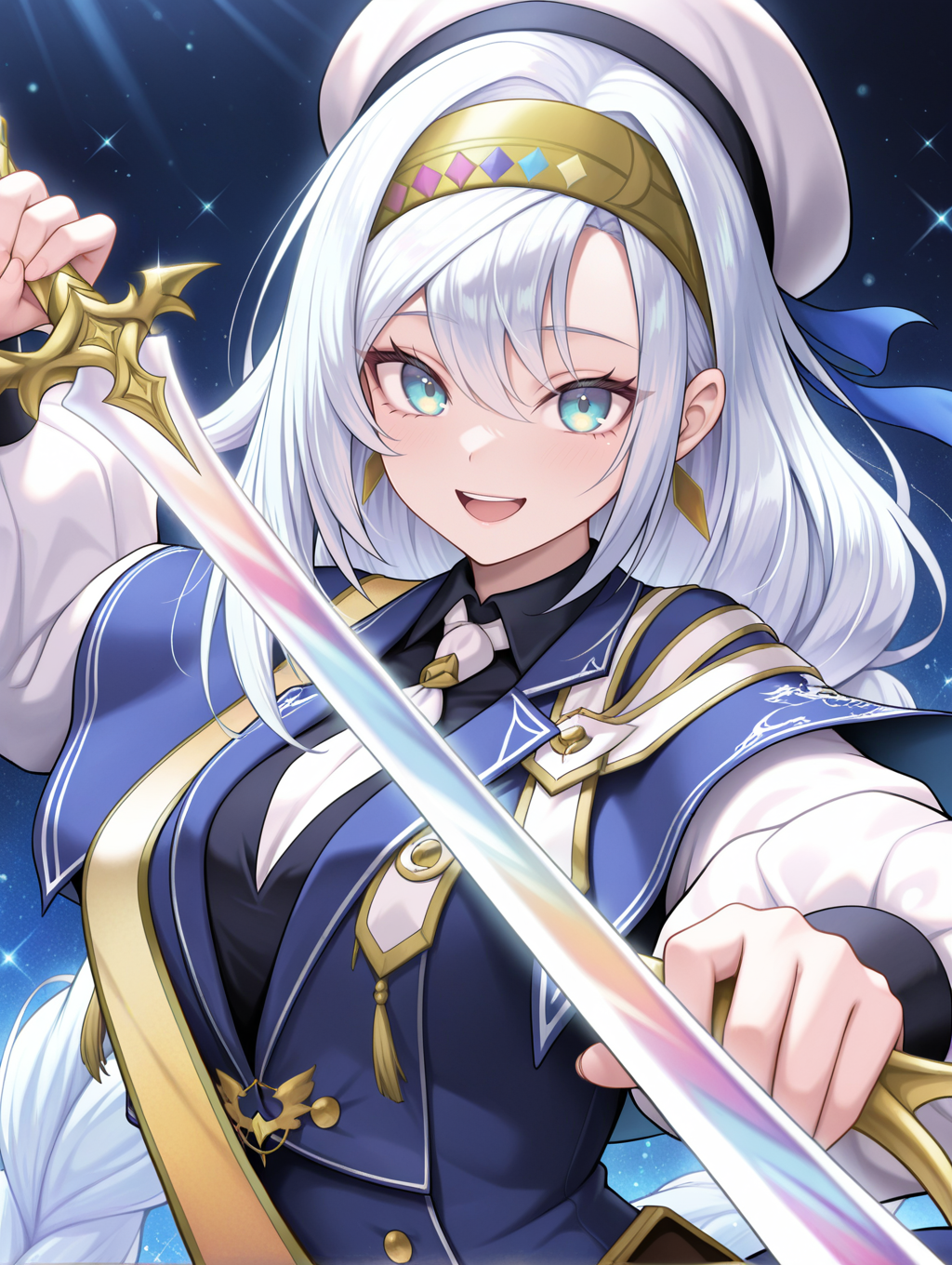 artmegia finemelt, 1girl, solo, looking at viewer, smile, holding sword, sword, open mouth, blue capelet, white beret, white necktie, gold sash, black collared shirt, blue dress, gold hairband, reverse grip, upper body,
masterpiece,best quality,amazing quality,very aesthetic,absurdres,newest,<lora:Artmegia finemelt illusXL v1.3:0.7>,