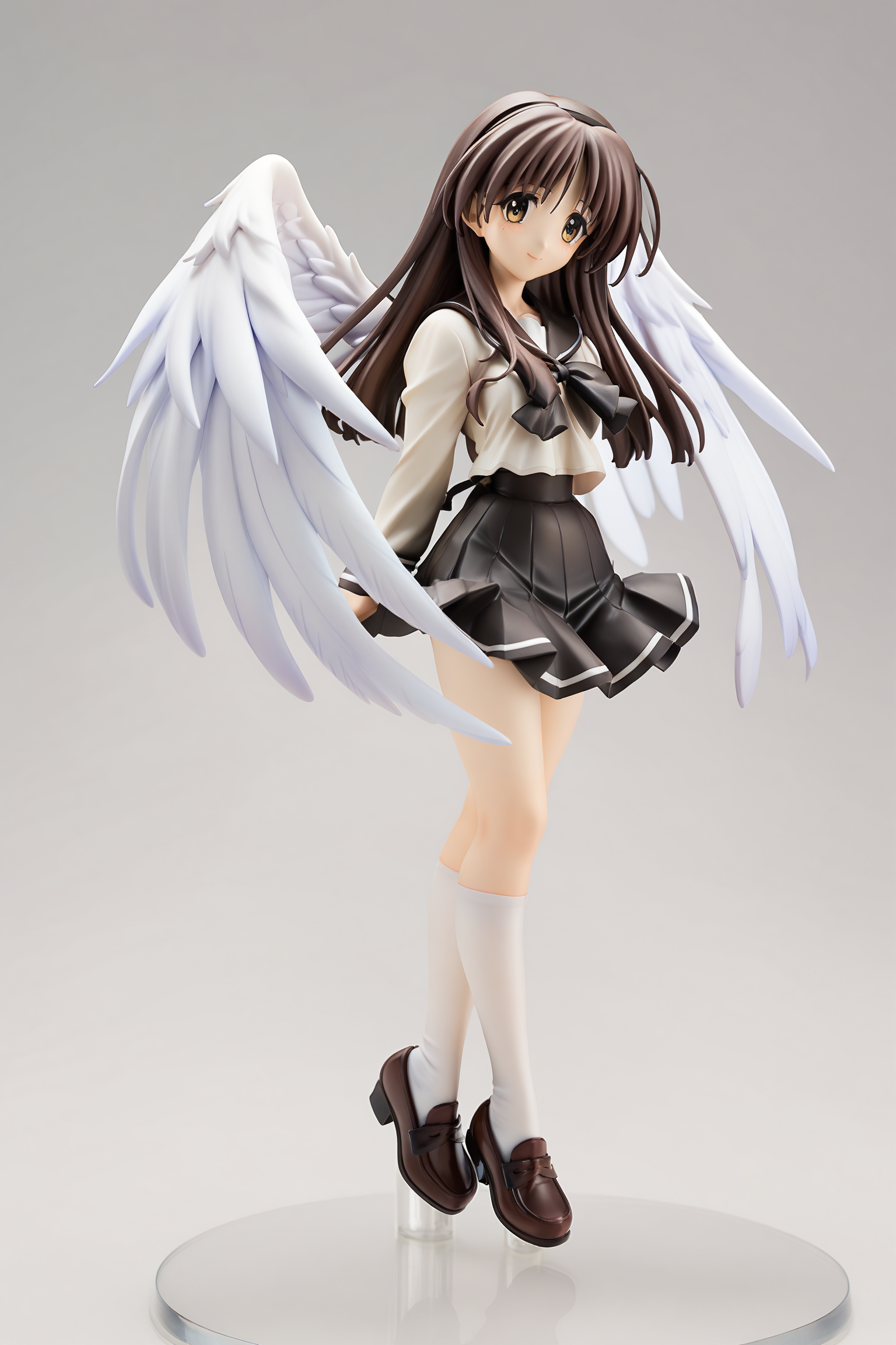 score_9,score_8_up,score_7_up,score_6_up,score_5_up,score_4_up,score_9,
hizuki ayaka \(memories off\),school uniform,black hairband,black cuffs with a white stripe,black back skirt ribbon,black bow,black collar with a white stripe,black skirt with a white stripe,kneehighs,loafers,angel wings, 
1girl,solo,white background,full body,looking at viewer,smile,looking at viewer,<lora:HizukiAyakaPony:1>,
