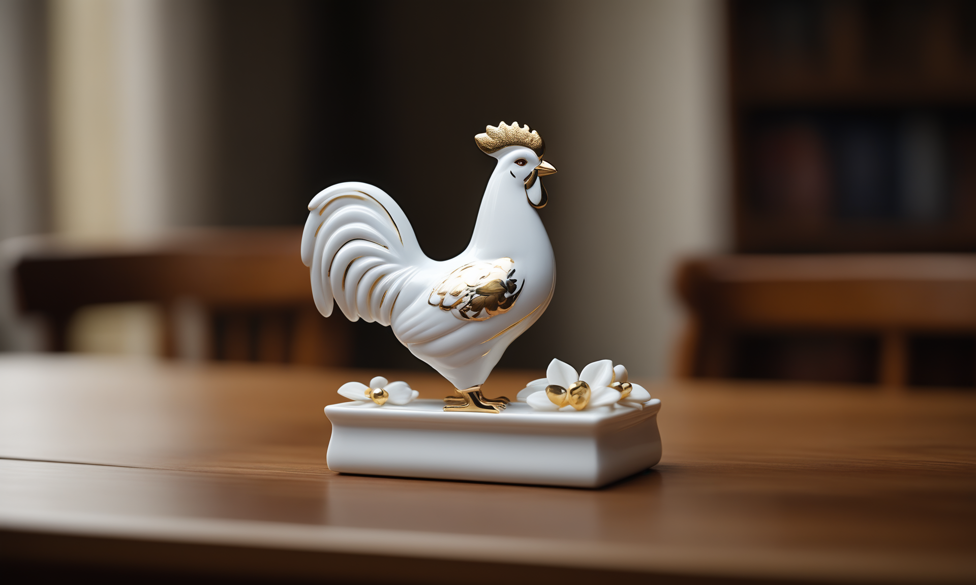 cinematic film still <lora:pcporcelaincd_xl-000006:0.7>,a handmade model toy of a cock made of (pcporcelaincd_xl,porcelain,white theme,gold lacquer,shiny:1.3) in office,no humans,long-focus,tilt-shift,indoors,full body,chinese zodiac,wooden table,cutie,cute,still life,animal statue,front view,facing viewer,looking at viewer . shallow depth of field, vignette, highly detailed, high budget, bokeh, cinemascope, moody, epic, gorgeous, film grain, grainy, 8K, HDR, UHD, masterpiece, best quality, highly detailed, high resolution, finely detail, extremely detailed, ultra detailed, wallpaper