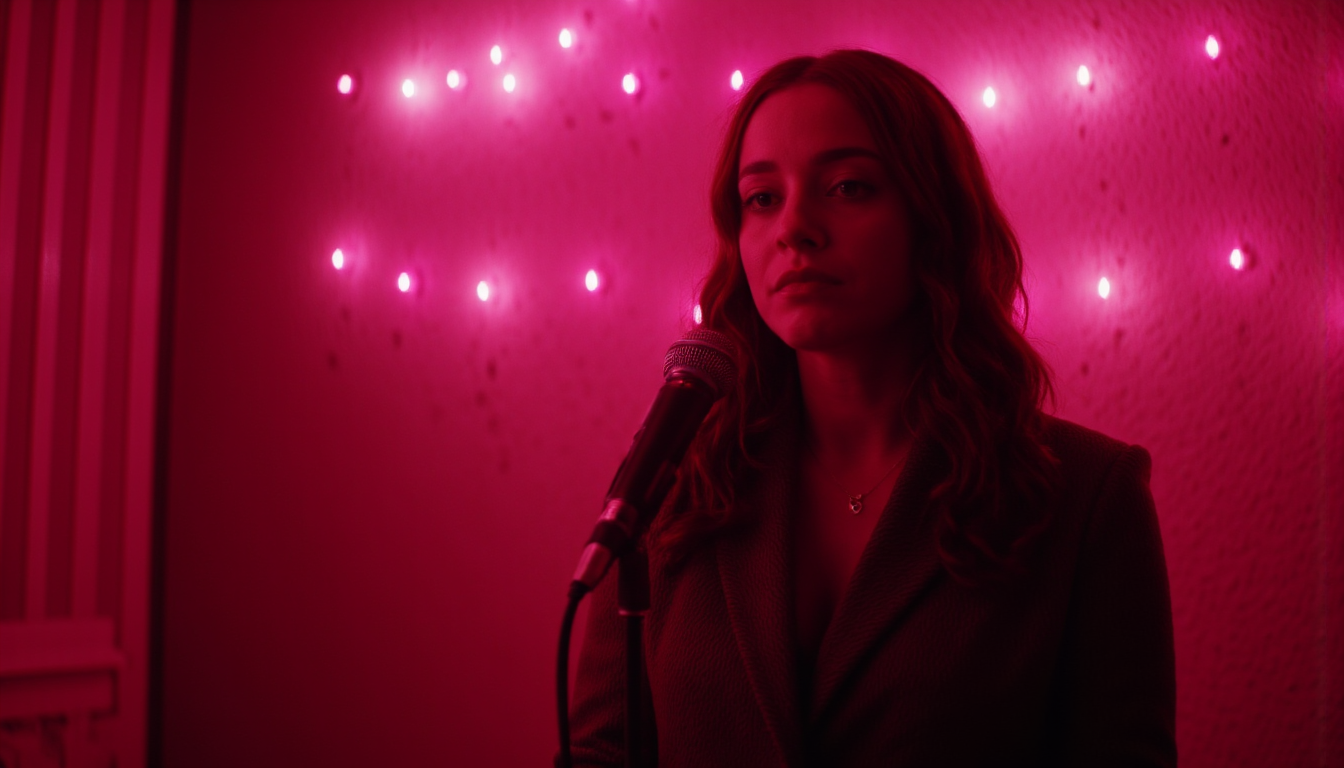 cinematic, A woman stands in front of a microphone under soft, warm lighting, with a reflective backdrop of pink lights behind her. Her expression is calm and introspective, creating a quiet and intimate atmosphere, as if she’s performing or about to speak, film grain, Short telephoto focal length, shot on ALEXA 65