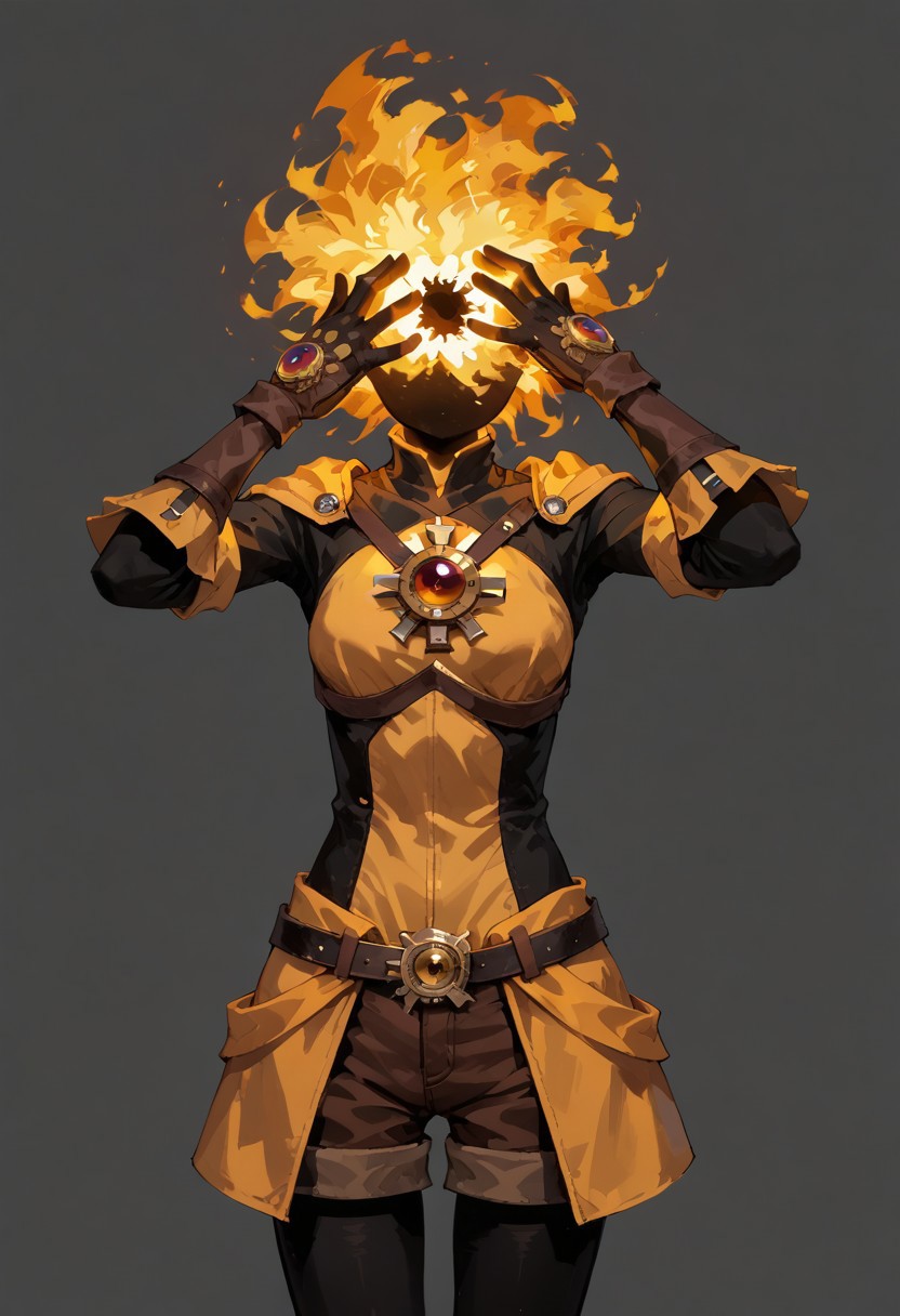 score_9, score_8_up, score_7_up, solo,
lord_of_frenzy, fire head,
mad,
novakin, faceless, no eyes, no mouth, no nose, no facial features, short fiery yellow orange hair, body made of black plasma,
open hands, hands on face front,
hands on own head, 
upside-down, backflip,
magical girl outfit, (steampunk dress:1.1), boots, (brown shorts:1.1), black tights, medium breasts, belt, gloves, 
simple background, grey background,