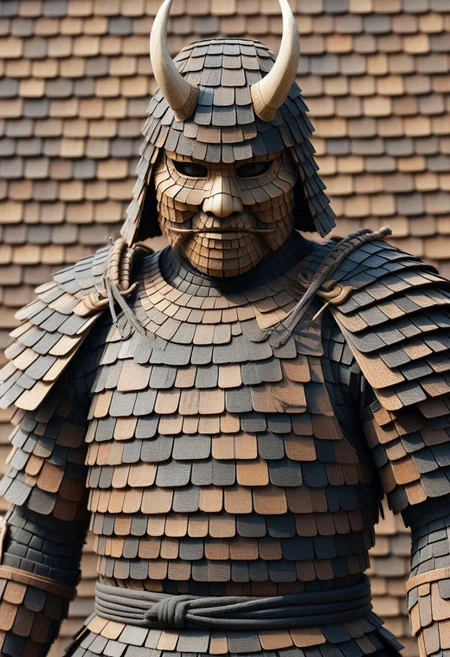 detailed, realistic, 8k uhd, high quality, masterpiece, mad-shingles, samurai, samurai armor made of shingles, mask