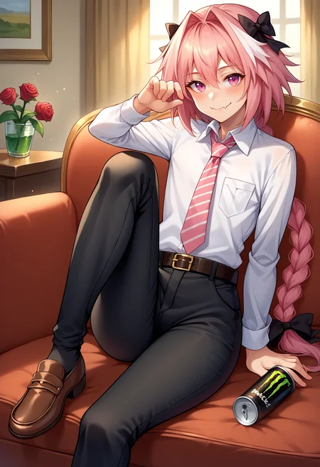 score_9,score_8_up,score_7_up,score_6_up, source_anime, 1boy, solo, otoko no ko, <lora:EPAstolfoPony-05:1> EPfaAstolfo, pink hair, pink eyes, ribbon, hair ribbon, braid, hair between eyes, hair intakes, white hair, hair bow, single braid, long hair, long braid, streaked hair, skin fang, bow, black bow, black belt, smile, armchair, can, monster energy, red necktie, braid, pocket, sitting, necktie, holding can, pink necktie, sleeve cuffs, white shirt, socks, blush, table, cup, dress shirt, brown footwear, red rose, black pants, neckwear grab, belt buckle, long sleeves, wing collar, couch, belt, reclining, chair, flower, loafers, shirt, light particles, rose, striped, red flower, looking at viewer, male focus, drinking can, striped necktie, collared shirt, wine glass, closed mouth, pants, indoors, knee up, shoes, breast pocket, buckle, leaning back