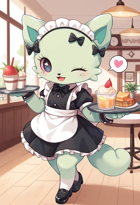 score_9, score_8_up, score_7_up, score_6_up, score_5_up, BREAK
emma, 1girl, freckles, hair bow, colored sclera, chibi, feral, furry, cafe, tray, maid, maid headdress, one eye closed, spoken heart, smile, happy
