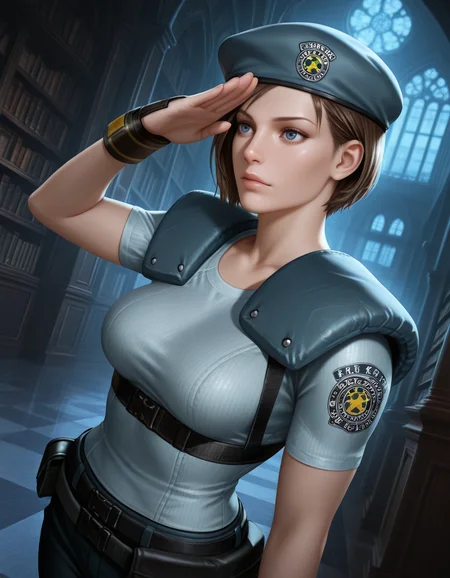 jill valentine, 1girl, beret, blue eyes, breasts, sleeves, salute,  dynamic angle, night, darkness, indoors, mansion, library,
, masterpiece, best quality, realistic, <lora:IL_RE1Jill_t1-33-64:1>