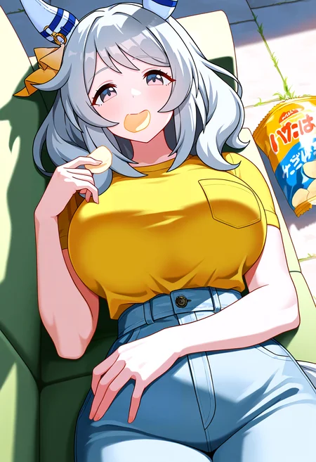 very awa, masterpiece, best quality, year 2024, newest, highres, absurdres, <lora:age_slider_v4:3> <lora:thicc_v1.4-pony:1.2>,detailed_background,outdoors,1girl,grey hair,animal ears,potato chips,hishi miracle \(umamusume\),large breasts,pocket,yellow shirt,horse girl,casual,chips \(food\),looking at viewer,umamusume,breast pocket,on couch,solo,pants,ear covers,shirt,breasts,yamashita momiyo,on back,couch,green eyes,horse ears,food,lying,highres,medium hair,food in mouth