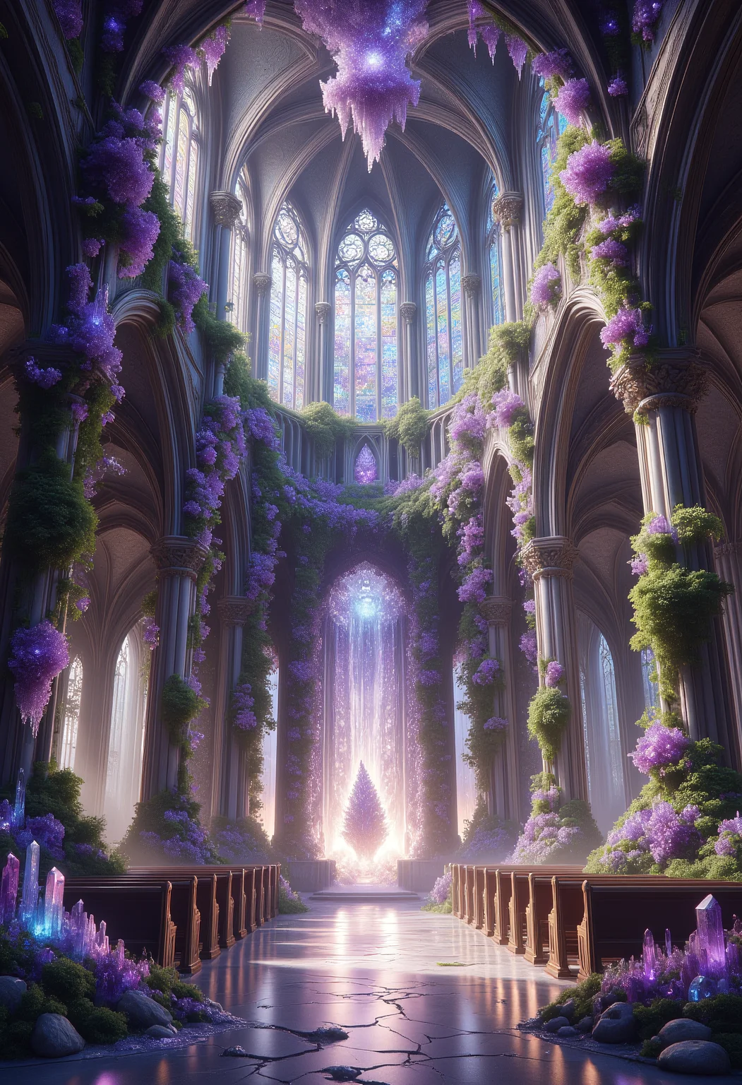 Crystalline Overgrowth Cathedral
An ancient cathedral, long abandoned and forgotten, now serves as the heart of a crystalline jungle. Massive vines made of glowing amethyst crystals coil around its towering stone spires, forming intricate patterns that glisten in the sunlight. Inside, fractured light pours through crystalline windows, casting rainbows across the cracked marble floor. Giant, luminous crystal clusters grow between pews, emitting a soft hum that fills the silence. Outside, mist rolls in from a nearby waterfall, where streams of shimmering water reflect the kaleidoscope of colors from the crystals. ral-ovrgrwth, crystalz, ral-watce, aidmaMJ6.1