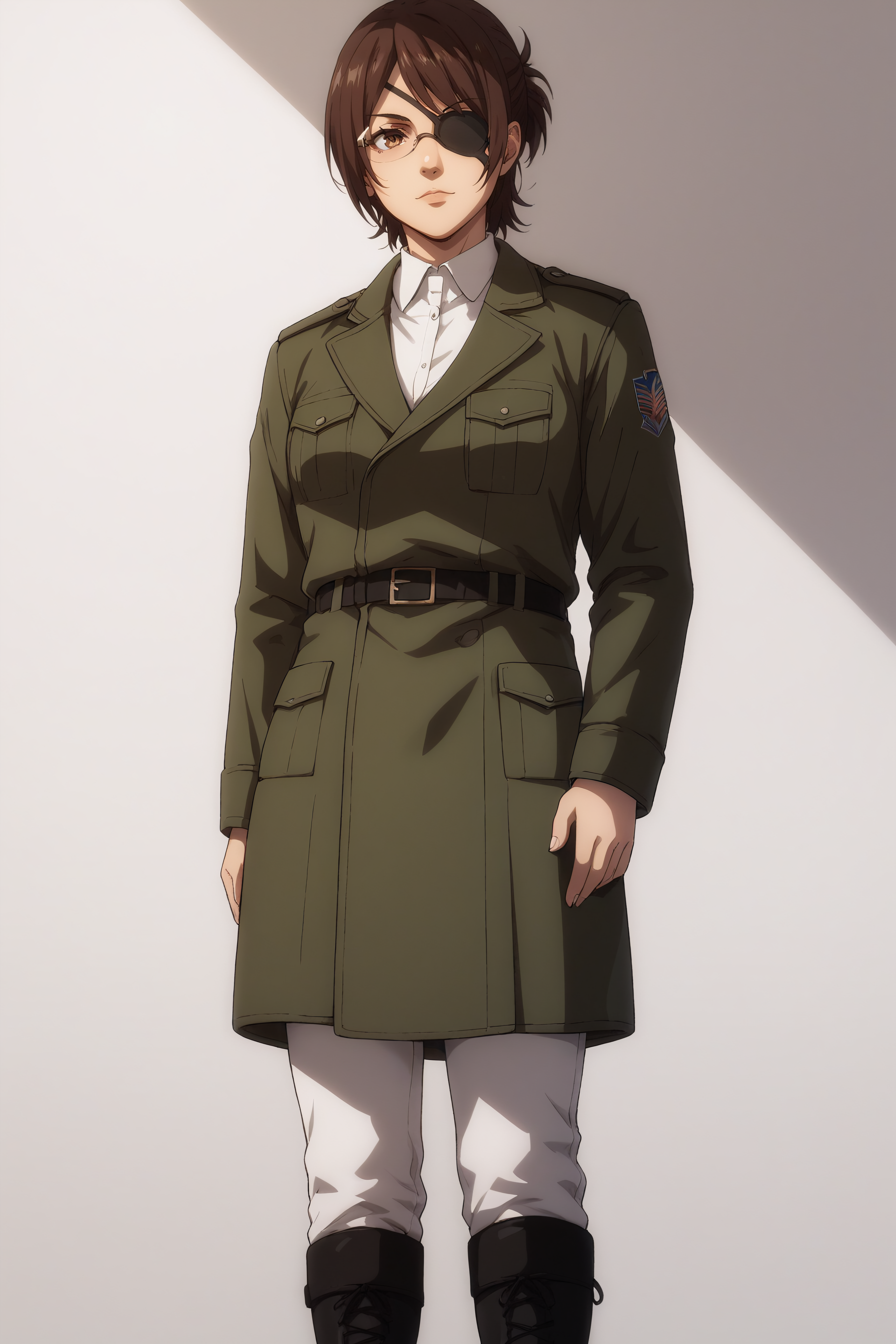 score_9, score_8_up, score_7_up, BREAK source_anime, <lora:hange zoë-PonyXL-lora-Faxtron:0.8> hange, glasses, brown eyes, dark brown hair, medium breasts, eye patch, military overcoat, survey corps \(emblem\), white shirt, white pants, knee boots, standing,