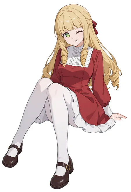 Smooth Quality,masterpiece,very intricate, high quality details, high detailed skin,detailed enviorement,absurdres,
simple background, white background,front view,
;q,
<lora:Fiatoio_Annacnn:0.7>
fannacnn, 1girl, blonde hair, green eyes, long hair, blunt bangs, sidelocks, drill hair,
white pantyhose, red dress, long sleeves,bow, hair ribbon, white shirt, shoes, mary janes,