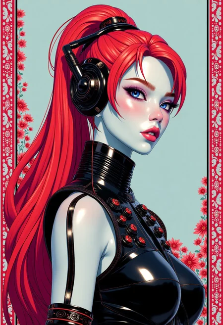 A proud pale porcelain skinned female cyborg warrior dressed in a modernized Hanbok, with long flowing red hair, The background is a vibrant fusion of traditional Muslim mosque geometric patterns,blended with neon cyberpunk elements. Strong lighting emphasizes the contrast between the ancient and futuristic themes,creating a bold,dynamic portrait,