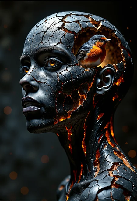 Hauntingly realistic portrait of an European woman with black, wrinkled skin, resembling cracked and shattered stone. Her skin is marked with intricate, glowing orange lines that weave through the cracks, like veins of molten lava. She has a strong, seductive expression, with her mouth slightly open and her gaze intense and captivating, similar to a model's look in a high-fashion photoshoot. One eye remains whole and alert, while the other is fragmented, adding to her mysterious allure. Soft, dramatic side lighting emphasizes the texture of her skin and the depth of the cracks. The background gradually fades into dark shadows, enhancing the focus on her face. (The cracks in her skull form a large, hollow opening from which a majestic European robin is peeking out, its presence adding a striking contrast between life and the fractured surface:1.3). Her long, flowing hair cascades down one side of her face, while the other side is shaved clean, adding a stark contrast. The image conveys resilience, the interplay of destruction and life, and the unexpected beauty found within imperfection. <lora:FluxDFaeTasticDetails.safetensors:0.2>, <lora:Elden_Ring_-_Yoshitaka_Amano.safetensors:0.75>, <lora:black_fantasy.safetensors:0.25>, <lora:aiai-Glimra-Flux-Dev-v2.safetensors:0.5>,
