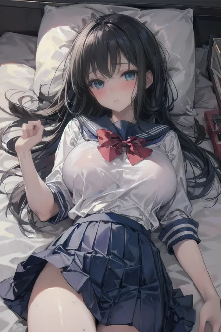 (masterpiece, best quality:1.4),
love, teen, girl,blush, school uniform, beautiful eyes, looking at viewer, sweat, focus face, mind control, bed, anime, large breasts, lying,
BREAK
<lora:LowRa:0.6> <lora:GoodHands-vanilla:1> <lora:more_details:0.3>