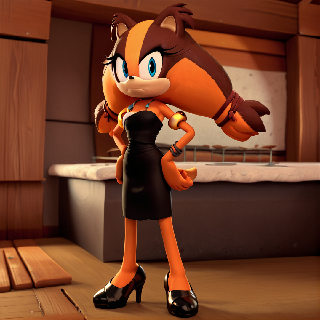 score_9, score_8_up, score_7_up, score_6_up, score_5_up, score_4_up, BREAK,  <lora:sticksthebadger:1>, sticks the badger, 1girl, solo, brown hair, indoors, looking at viewer, hands on hips, wearing black dress, bangle, jewelry, black high heels, , brown fur, body fur, furry female, orange fur, two-tone fur, blue eyes,