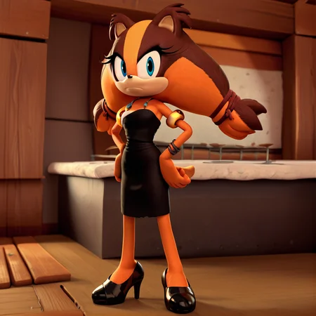score_9, score_8_up, score_7_up, score_6_up, score_5_up, score_4_up, BREAK, <lora:sticksthebadger:1>, sticks the badger, 1girl, solo, brown hair, indoors, looking at viewer, hands on hips, wearing black dress, bangle, jewelry, black high heels, , brown fur, body fur, furry female, orange fur, two-tone fur, blue eyes,