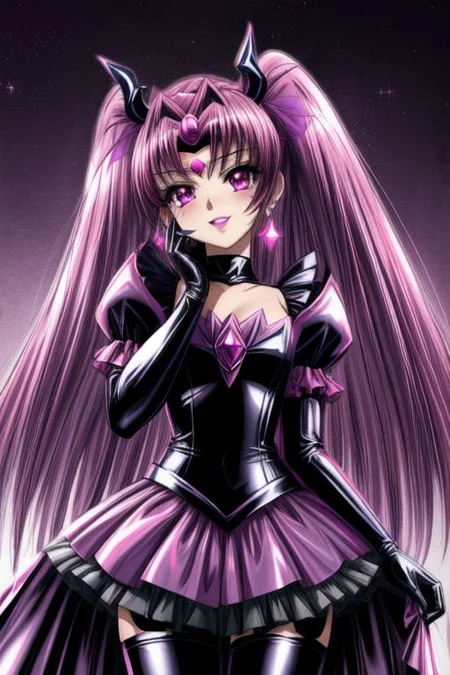 evil corrupted young princess wearing dark pastel (ruffled:1) (gleaming latex:1) EvlSM DarkPrecure Bad_End_Precure gown with (long latex cape:1) and latex elbow bridal gauntlets, (Perfect Face:1), soft lighting, glossy red lips, ruffles,
<lora:more_details:1>