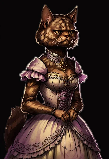 comicish artwork in dgst artstyle, stellaris style, upper body, a Persian_cat-like female (mamalian:1.2) creature woman, baroque crinoline dress, simple background; busty, thin, large breasts, perfect hands