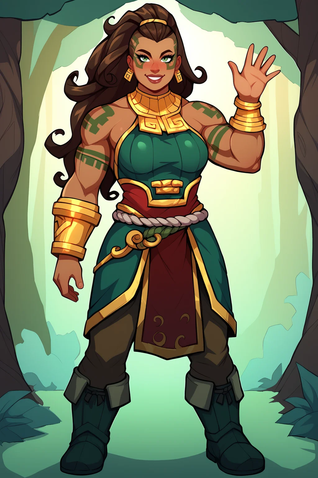 score_9, score_8_up, score_7_up, score_6_up, BREAK, IllaoiLoLXL, dark skin, colored skin, facial tattoo, tattoo, green eyes, brown hair, long hair, hair pulled back, dreadlocks, ponytail, hair ornament, earrings, muscular female, medium breasts, gold armor, bare shoulders, green dress, bracelet, (red skirt), belt rope, brown pants, black boots, solo, full body, standing, (waving), seductive smile, looking at viewer, naughty face, nose blush, forest <lora:IllaoiLoLXL:0.9>