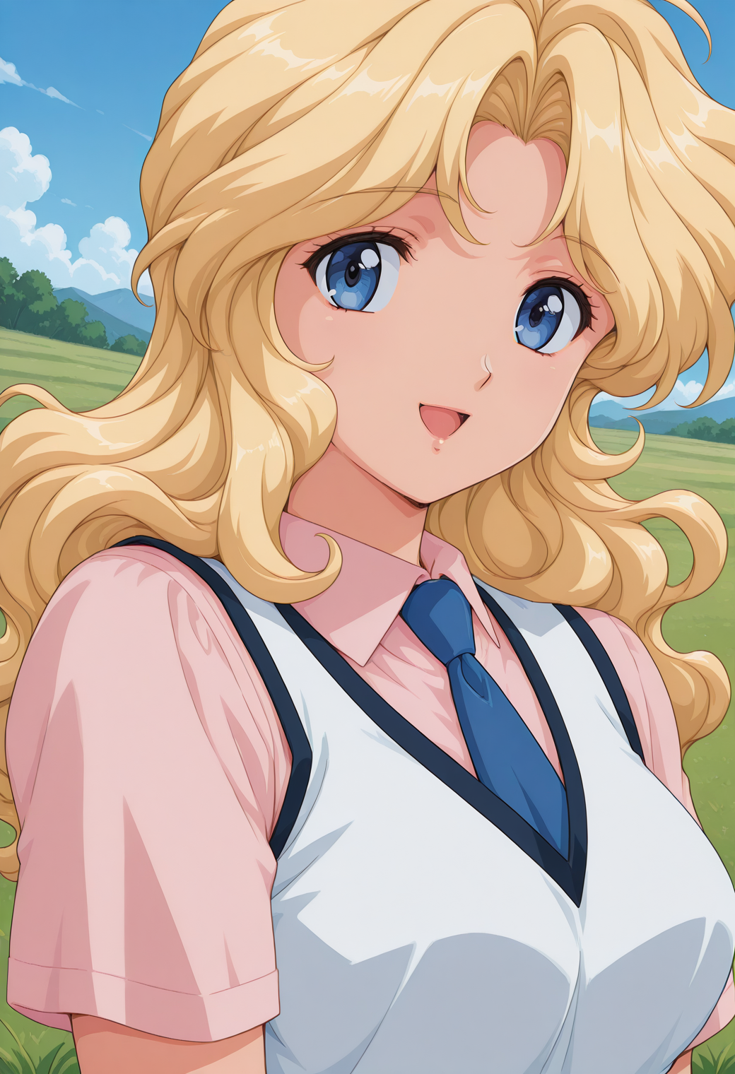 fr_kate_yamamura, blue eyes, blonde hair, long hair, school uniform, necktie, white vest, short sleeves, <lora:fr_kate_yamamura_illustrious_ver2:0.8> 
smile,, masterpiece, best quality, sensitive,, 1girl, solo, blue sky, (grasslands:1.2), looking at viewer,, (upper body:1.2), (close-up:1.2), (facing viewer:1.2), (open eyes:1.4), (portrait:1.2)