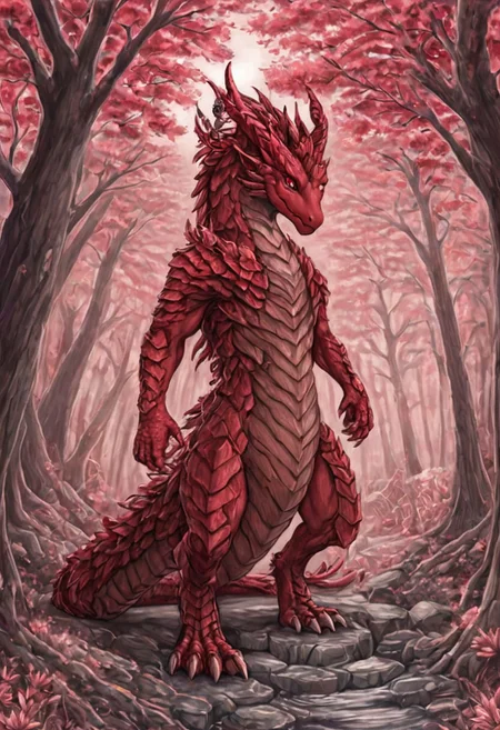 Dragon, small dragon, red theme, silver ridges, fantasy forest, glowing, flowers, full body, facing the camera, plants, Japanese Temple, cherry blossom trees,