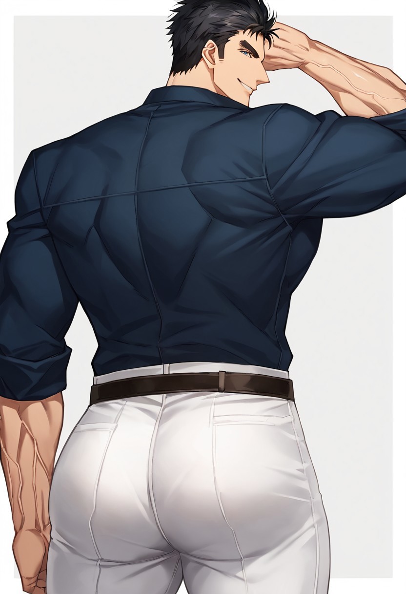 Artist6p, Artist04p, solo, looking at viewer, smile, short hair, simple background, shirt, black hair, 1boy, white background, ass, thighs, collared shirt, belt, looking back, pants, from behind, v, muscular, thick thighs, blue shirt, muscular male, bara, sleeves rolled up, veins, sideburns, white pants, ass focus, tight, tight pants, leather belt, male focus, style