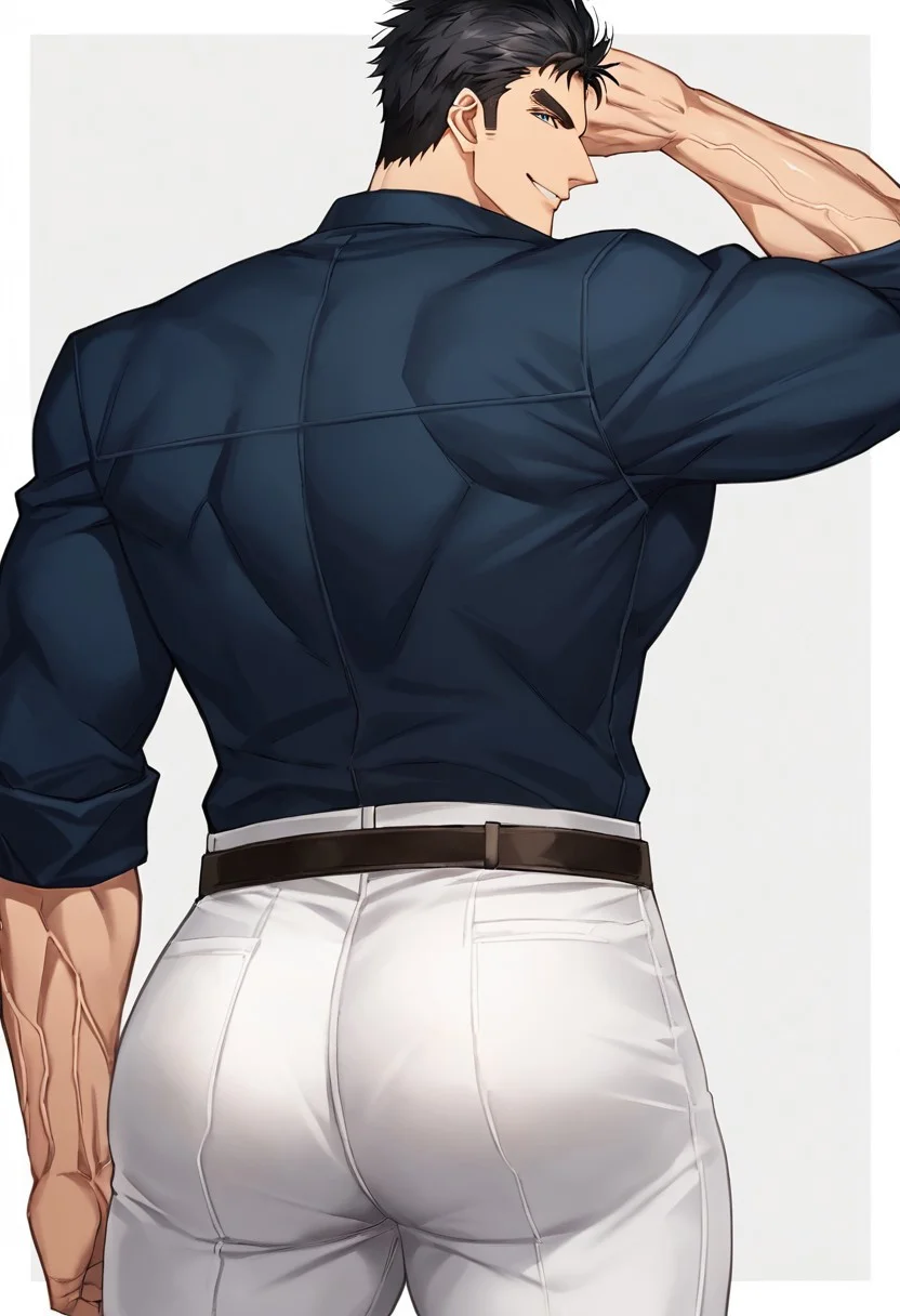 Artist6p, Artist04p, solo, looking at viewer, smile, short hair, simple background, shirt, black hair, 1boy, white background, ass, thighs, collared shirt, belt, looking back, pants, from behind, v, muscular, thick thighs, blue shirt, muscular male, bara, sleeves rolled up, veins, sideburns, white pants, ass focus, tight, tight pants, leather belt, male focus, style