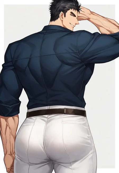 Artist6p, Artist04p, solo, looking at viewer, smile, short hair, simple background, shirt, black hair, 1boy, white background, ass, thighs, collared shirt, belt, looking back, pants, from behind, v, muscular, thick thighs, blue shirt, muscular male, bara, sleeves rolled up, veins, sideburns, white pants, ass focus, tight, tight pants, leather belt, male focus, style