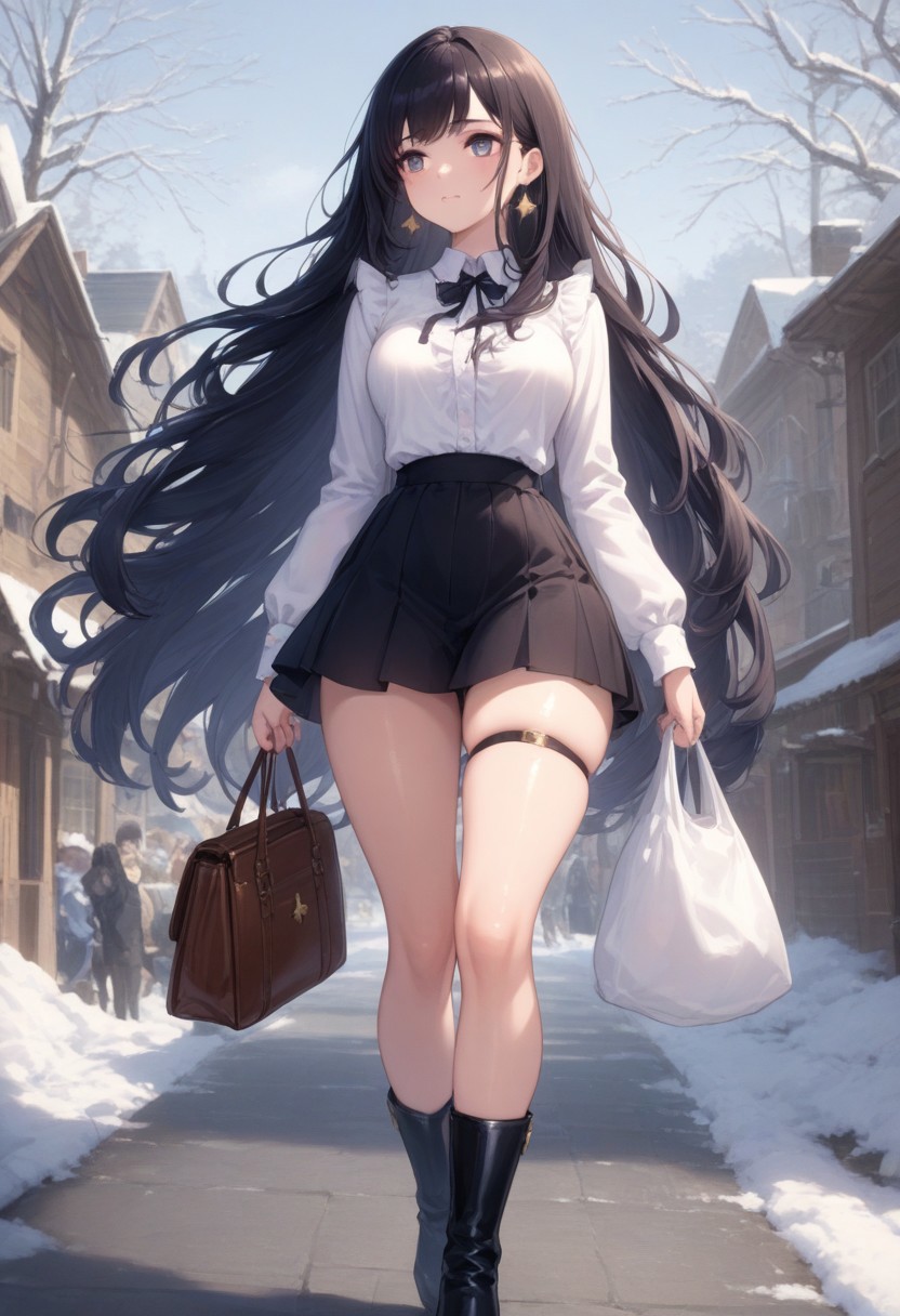prefect lighting,very aesthetic,prefect hands,best quality,
intricate details,highly detailed background,(masterpiece:0.9),high quality,lustrous_skin,skindentation,(zPDXL3),
ultra delicate hair,
face_detail,
skin_detail,<lora:cfg_scale_boost>,
lustrous_skin,skindentation,
shiny skin, masterpiece,best quality,ultra-detailed,  long black hair, gold star earrings, medium breasts, black skirt, white frilled shirt, snowy, houses, pines, day,  hold a bag, long black heeled boots, walking, looking away