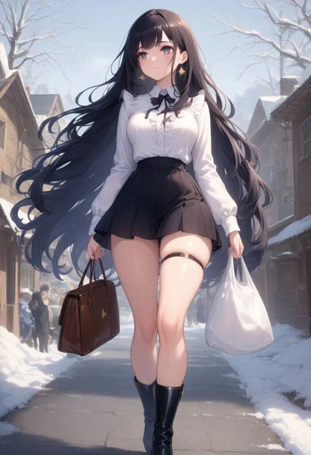 prefect lighting,very aesthetic,prefect hands,best quality,
intricate details,highly detailed background,(masterpiece:0.9),high quality,lustrous_skin,skindentation,(zPDXL3),
ultra delicate hair,
face_detail,
skin_detail,<lora:cfg_scale_boost>,
lustrous_skin,skindentation,
shiny skin, masterpiece,best quality,ultra-detailed, long black hair, gold star earrings, medium breasts, black skirt, white frilled shirt, snowy, houses, pines, day, hold a bag, long black heeled boots, walking, looking away