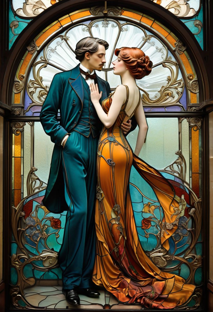 train of silk, Art Nouveau style, flowing lines, elegant silhouette passengers, suggestive poses, rich color palette, ornate details, stained glass window effect, decorative flourishes