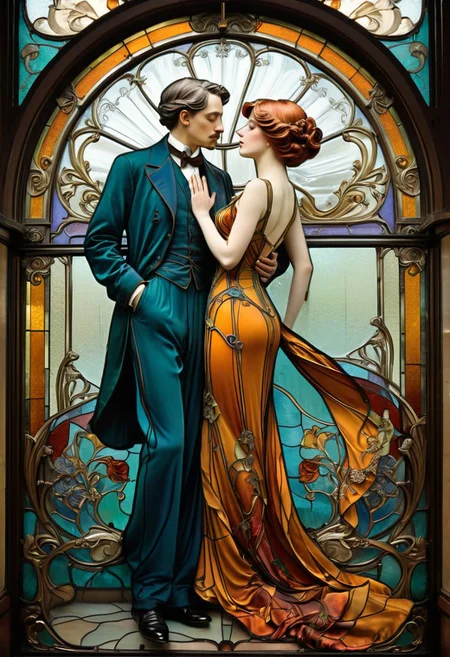 train of silk, Art Nouveau style, flowing lines, elegant silhouette passengers, suggestive poses, rich color palette, ornate details, stained glass window effect, decorative flourishes