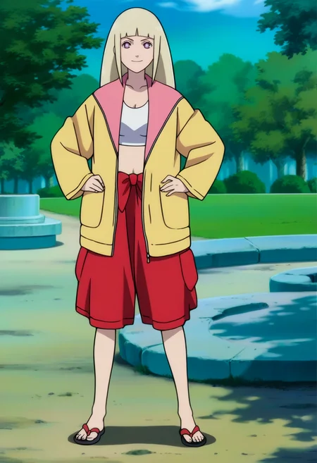 solo,standing, hands on own hips, park, smile,
<lora:shion 2:1>, shionrt, blonde hair, long hair, bangs, purple eyes,white pupils, medium breasts,
jacket, yellow jacket, multicolored jacket, long sleeves, very long sleeves, sports bra, white sports bra, shorts, red shorts, midriff, pointing, sandals,
anime screencap, masterpiece, best quality,