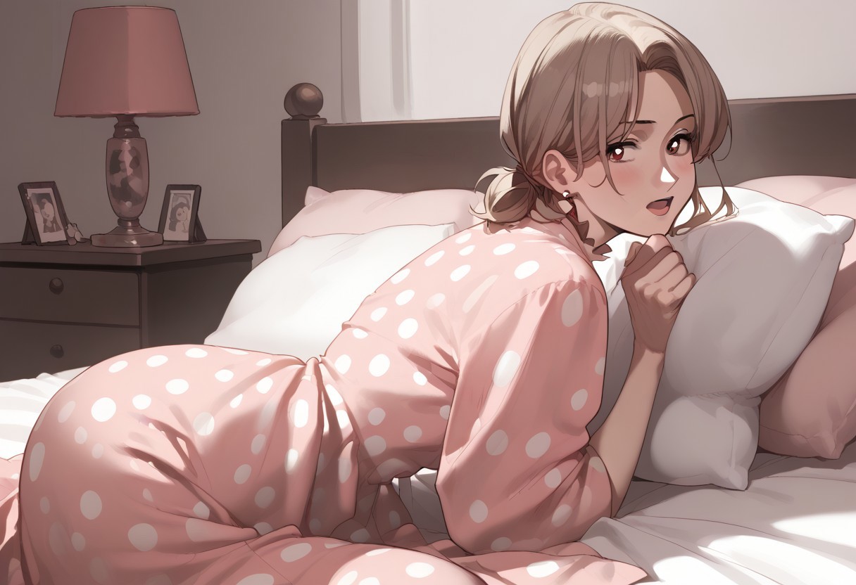 abbystea style, score_9, score_8_up, score_7_up, source_anime,hentai, anime,
gorgeous mature woman, milf body, beautiful eyes, tiny nose, light brown hair stylish hair cut,
wearing pink polka dot dress
in a pink bedroom, bed, pillow, sheets, 
side view, wide shot, open mouth, sitting pose
