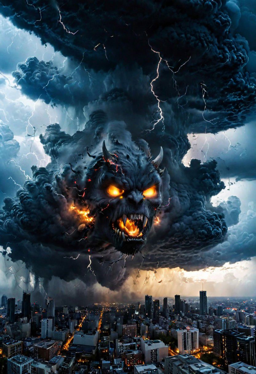 black clouds, rain, lightening, dark, night, ( beast appears from the rolling cloud), The beasts looks down as he towers above the city below,  DEVIL SPAWN