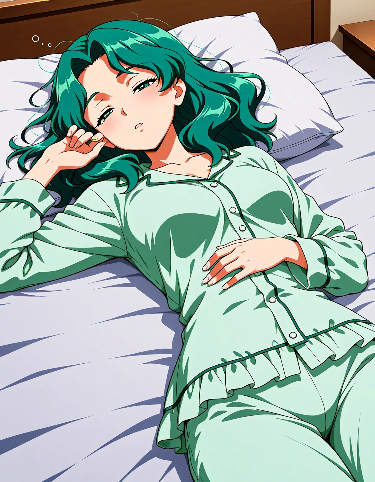<lora:dmd2_sdxl_4step:1>,official style,masterpiece,best quality,newest,absurdres,highres,very awa,<lora:Sailor_Neptune_v3:1>,kaiou michiru,solo,green eyes,green hair,medium hair,medium breasts,pajamas,bedroom,sleepy,closed eyes,lying,