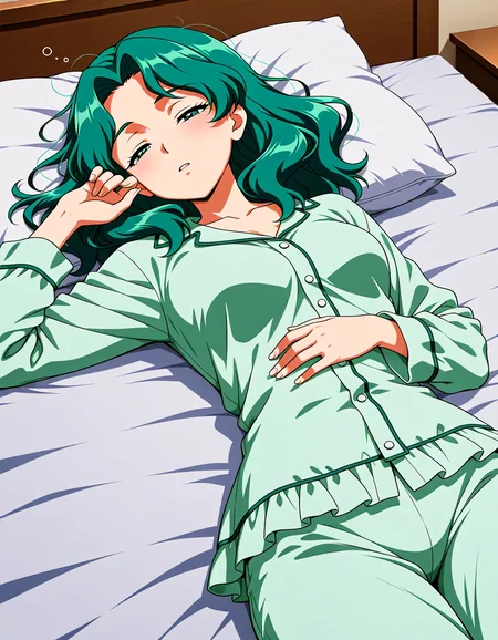 <lora:dmd2_sdxl_4step:1>,official style,masterpiece,best quality,newest,absurdres,highres,very awa,<lora:Sailor_Neptune_v3:1>,kaiou michiru,solo,green eyes,green hair,medium hair,medium breasts,pajamas,bedroom,sleepy,closed eyes,lying,