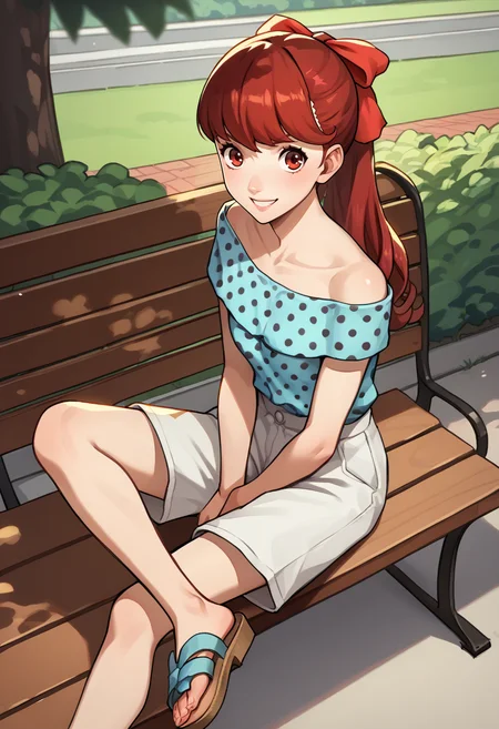 score_9, score_8_up, score_7_up, source_anime, 1girl, sitting, looking at viewer, grin, bento box, hand between legs, BREAK <lora:KasumiP5-pdxl:1> casSumi, long hair, ponytail, red hair bow, polka dot shirt, off shoulder, white shorts, sandals, outdoors, park, bench